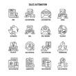 © Kyomi - Line art icons representing various aspects of sales automation, including CRM, lead nurturing, deal tracking, reporting, and task automation processes.