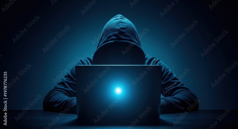 Anonymous hacker in black hoodie using laptop in dark room, cyber crime ...