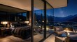 © SanyBRZ - Luxury hotel suite with glass partition between bed and starlit balcony. Distant mountain glow, blue hour sky, realistic silk and