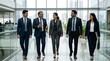 © Amir - Group of Professional Business People Walking and Talking in a Modern Glass Office Hallway with City View, Generative AI