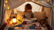 © Tundra Sketch - Child reading a book inside a blanket fort with a teddy bear