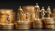 © Formoney - Gold family figurines arranged on ascending coin stacks against dark background