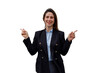 © PeopleVideos - Businesswoman smiling, presenting various options and opportunities, pointing fingers to both sides. Transparent background