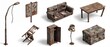 © Sanchiesp  - Collection of isolated post-apocalyptic props, featuring rusty street lamp, broken sofa, derelict table, chair, locker, sign, lamp, and trunk on white. Ideal for dystopian themes.