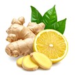 © Hare - A vibrant still-life showcases fresh ingredients ginger root, lemon slices, and green leaves against a bright white background
