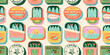 © Dedraw Studio - Vintage hand drawn canned fish cartoon seamless pattern. Colorful tinned sardines sea food background illustration. Sardine can drawing surface print.