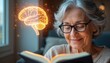 © Pete - Elderly woman studies book, glowing brain hologram appears. Mental stimulation for active aging and cognitive health, memory improvement, and brain fitness.