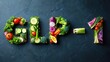 © olgakris - GLP-1 abbreviation made of fresh organic vegetables on dark background, natural diet and weight loss concept, metabolic health nutrition, diabetes management through food, healthy lifestyle and hormon