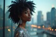 © Maryna - Black woman with afro hair poses in sparkly dress near glass window overlooking city skyline at dusk. Elegant lady wears large earrings. Female beauty, fashion, urban lifestyle.
