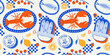 © Dedraw Studio - Vintage sea food seamless pattern. Italian cuisine background illustration in hand drawn style. Retro mediterranean beach surface print design, summer vacation texture.