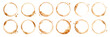 © liana - A watercolor collection of coffee cup stains featuring brown circular mug ring marks and splash effects illustrated in a textured hand-painted style.