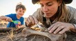 © SteffCunha - A woman and a young boy are engaged in an archaeological dig in a desert landscape