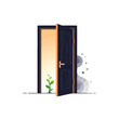 © Slamet - A small green plant grows inside a room through an open wooden door