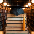 © Nolascots - Concepto de éxito académico: Gorro de graduado y libros con fondo de estanterías desenfocadas.