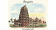 © KazeDor - Illustration artistique d'un temple traditionnel à Bangalore, Karnataka, Inde, présentée dans un style de carte postale vintage à l'aquarelle.