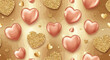 © Ayip - Sfondo elegante con cuori rosa e cuori dorati glitterati su una base color champagne per festeggiare San Valentino o occasioni speciali.