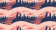 © agung - 짙은 파란색 소나무 숲의 실루엣과 부드러운 분홍색 산의 곡선이 조화를 이루는 빈티지한 질감의 매끄러운 겨울 풍경 패턴 일러스트레이션으로 창의적인 배경 디자인 및 패브릭 텍스타일 제작에 매우 이상적입니다.