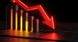 © future7 - A glowing red arrow points downward over a bar chart, visually representing a decline or decrease in data or performance.