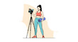 © Jajang - Fitness instructor filming workout video with camera on tripod, holding yoga mat