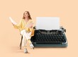 © Pixel-Shot - Big typewriter and beautiful actress with script on beige background
