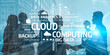 © InfiniteFlow - Two professionals engage in discussion about cloud computing solutions, with a digital landscape highlighting themes of data management, security, and collaboration. Tessel