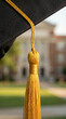 © Yulia - Close-up of a graduation cap with a golden tassel against a blurred campus building backdrop