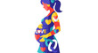 © Avra - Vibrant pregnant woman illustration adorned with colorful hearts and 'LOVE' text, symbolizing maternal joy and the expectation of new life