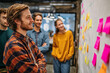 © Aurora Visual Lab - Startup team brainstorming with colorful sticky notes on wall in modern office, creative collaboration and strategy planning concept