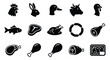 © Akash - Butcher shop meat icons set, black silhouette farm animal heads and raw protein products, 15 vector elements for grocery and restaurant menus