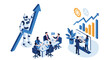 © Nitu - Intelligent robot helping business team analyze data and push growth arrow upward in modern office environment.