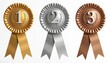 © Vadym - Gold silver bronze award rosettes with numbers 1 2 3 and ribbons. Represents achievement victory success competition and rankings. Perfect for sports events.