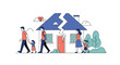 © Nitu - Divided family members walk away from a house that is split down the middle, symbolizing divorce, domestic conflict, and home separation.