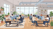 © no one - Diverse individuals collaborate and work individually on computers in a bright, modern open-plan office filled with plants and natural light.