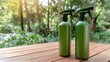 © pvl0707 - Green cleaning products rest on a wooden table with a blurred garden background in sunlight during a morning