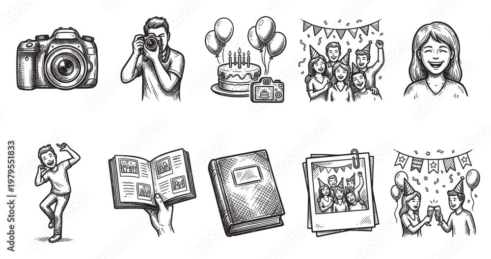 A set of hand-drawn black and white icons depicting elements of a ...