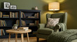 © Pippin - Cozy therapy room with green armchair and bookshelf zoom virtual meetings backgrounds backdrop