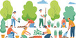 © Quadra - Flat vector illustration of community garden with diverse people working together planting greenery pots trees and outdoor gardening activities