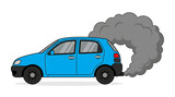 Blue compact car emitting black smoke from the exhaust pipe