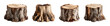 © STOCK AI - Set of rough rustic tree stumps and wooden logs for natural decor PNG set isolated on transparent background