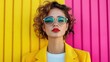 © Larisa AI - The image portrays a confident model in a bright yellow outfit against a vibrant pink and yellow backdrop, showcasing individuality and the playful side of modern fashion expression.
