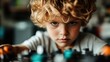 © Larisa AI - A striking image of a young boy with curly hair showcasing an intense focus, deeply engaged in his activity, reflecting determination and curiosity in his demeanor.