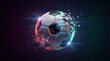 © Alpha - Futuristic soccer ball dissolving into digital data particles with vibrant red and cyan glitch effects on dark background for sports technology concepts and dynamic athletic motion graphics design