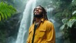 © Larisa AI - A joyful man stands in front of a breathtaking waterfall, embodying the peace and beauty of nature while highlighting the harmony between humans and the environment around him.