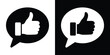 © bibin - Clean white outline icon of speech bubble with thumbs up hand inside on solid black background. Simple vector graphic ideal for positive review, messaging approval, social thumbs up reaction, feedback