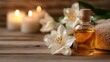 © Larisa AI - A tranquil spa setting featuring aromatherapy oils, fresh flowers, and candles, promoting relaxation and self-care while inviting viewers to indulge in a peaceful at-home experience.