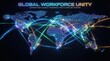 © Alpha - Global workforce unity concept featuring digital world map with glowing connection lines and data networks representing international business talent mobility and modern corporate strategy