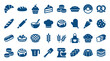 © Iconique Studio - Collection of baking and pastry icons representing various delicious baked goods and baking tools in a clean blue silhouette style