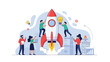 © Power Clipart - Business startup team working together to build and launch a rocket representing new venture and growth.