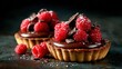 © svastix - Two exquisite chocolate tarts topped with succulent raspberries and chocolate shavings evoke a sense of luxury and delight for dessert enthusiasts.