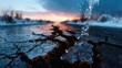 © svastix - Water bursts forth from a cracked desert road at sunset, symbolizing resilience and the struggle against nature's adversities amidst a picturesque landscape.